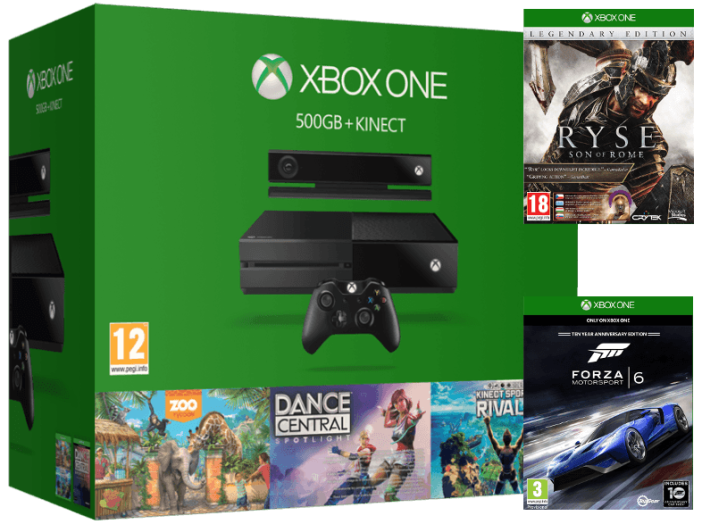 Xbox One 500 GB Kinect + K.S. Rivals, D. C. Spotlight, Zoo Tycoon, Ryse: Legendary, Forza 6