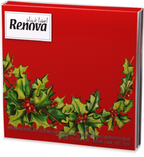Renova Xmas Holly 3 rétegű piros karácsonyi szalvéta
