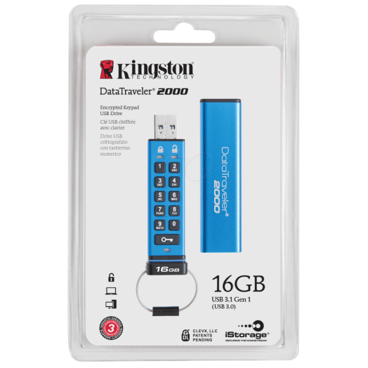 Kingston 16GB USB3.1 pendrive DT2000/16GB, kék titkosítható