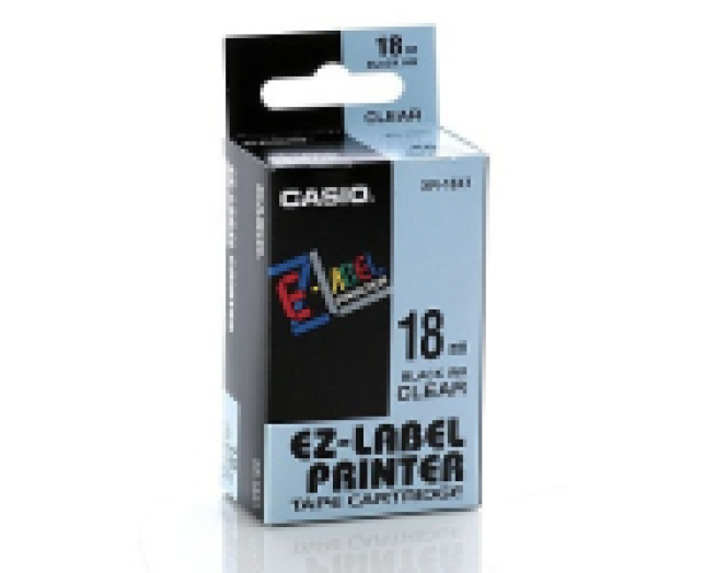 Casio 18 mm címkeszalag áttetsző/fekete, 8 m-es