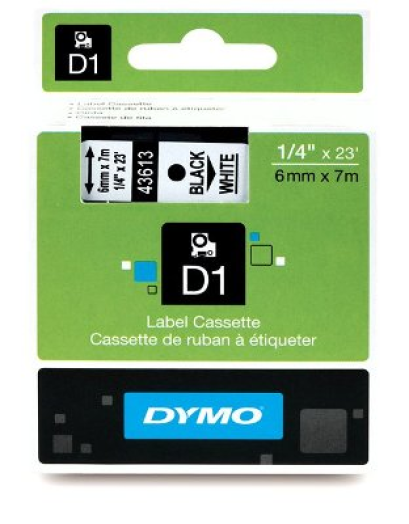 Dymo D1 6mm szalag, fehér/fekete