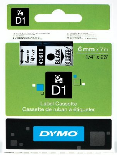 Dymo D1 6mm szalag, fekete/áttetsző