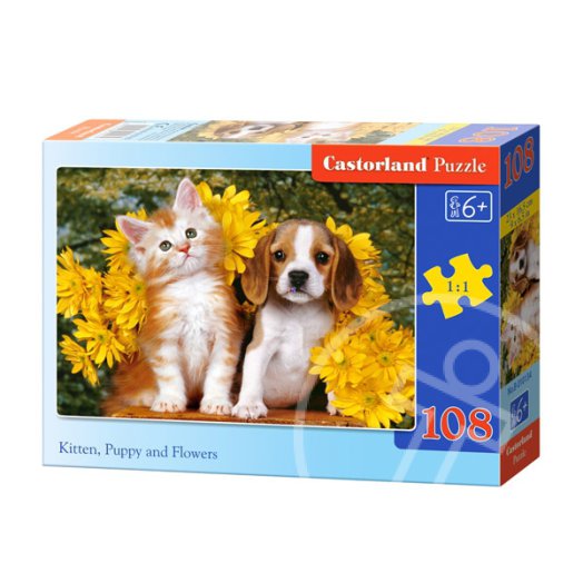 Cica, kutya és virágok 108 darabos puzzle