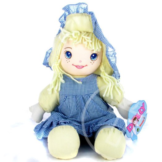 Dolly plüssbaba - 45 cm - kék-sárga ruhában