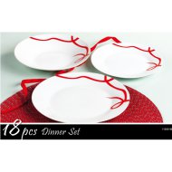 ÉTKÉSZLET PORCELÁN 18 RÉSZES KEREK PIROS MINTÁVAL (6XLAPOS,MÉLY,DESSZ)