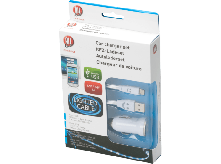 Töltő micro USB szivargyújtó csatlakozóval, világító kábellel
