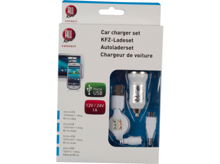 Töltő készlet micro USB szivargyújtó csatlakozóval 12/24V, 1A, csévélhető kábel, kábelhossz: 80cm