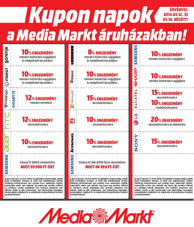 Media Markt kupon, kuponnapok 2016 május 12-14.