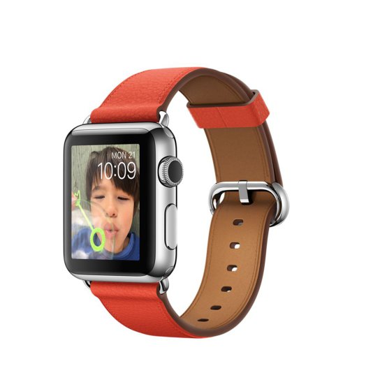 Apple Watch - 38 mm-es, rozsdamentes acél tok piros szíjjal, klasszikus csattal