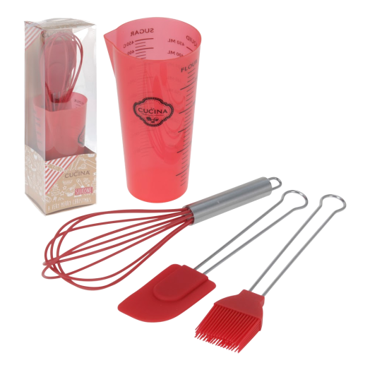 KONYHAI SÜTŐKÉSZLET 4-RÉSZES, PIROS (MÉRŐEDÉNY,HABVERŐ,SPATULA,ECSET)