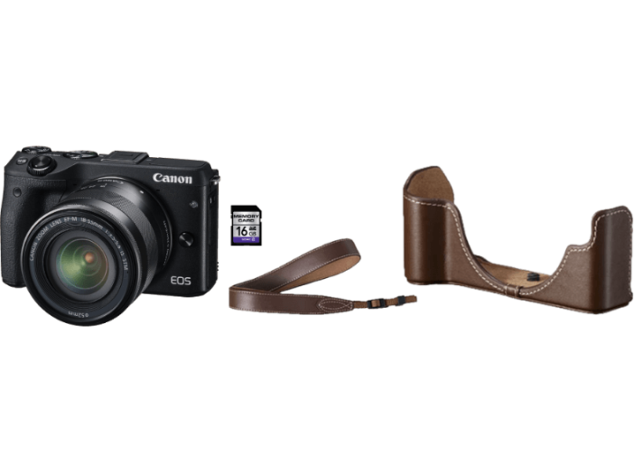 EOS M3 + 18-55 mm IS STM Kit + EH27-CJ tok + EM-E2 nyakpánt + 16GB SD kártya
