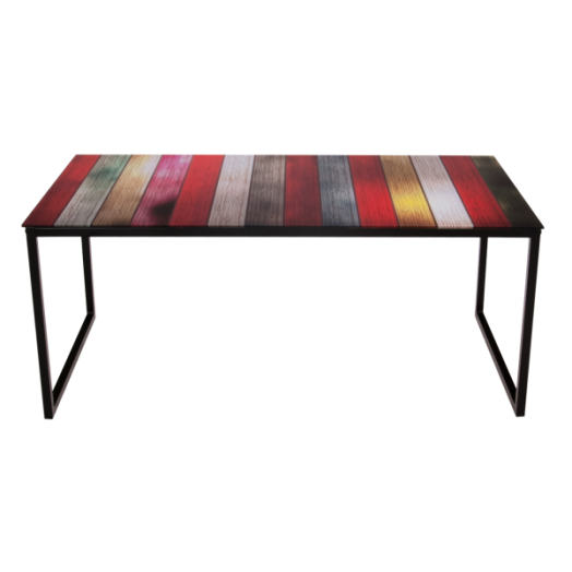 ÜVEGASZTAL FÉM LÁBBAL,SZÍNES LÉC MINTA (NAGY) 105X55X45CM Outlet