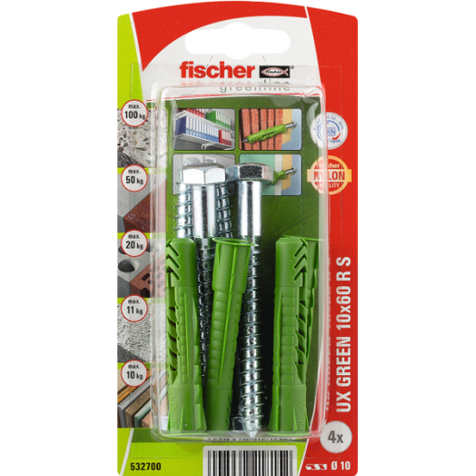 DŰBEL 10X60MM 4 DB CSAVARRAL &quot;UX GREEN&quot; FISCHER