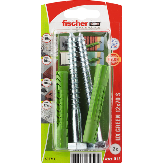 DŰBEL 12X70MM 2 DB CSAVARRAL &quot;UX GREEN&quot; FISCHER