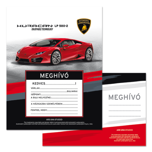 Lamborghini partimeghívó borítékkal