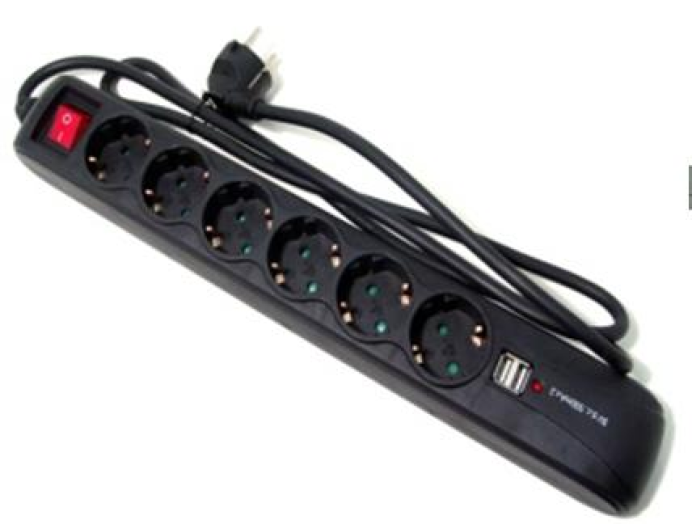 Asztali elosztó USB kimenettel 6 aljzat, 2 USB, 1,5 méter