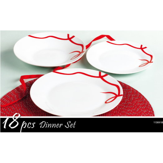 ÉTKÉSZLET PORCELÁN 18 RÉSZES KEREK PIROS MINTÁVAL (6XLAPOS,MÉLY,DESSZ)