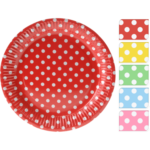 PÖTTYÖS PAPÍR TÁNYÉR 10DB/SZETT, D: 18CM, 5 FÉLE MODELL