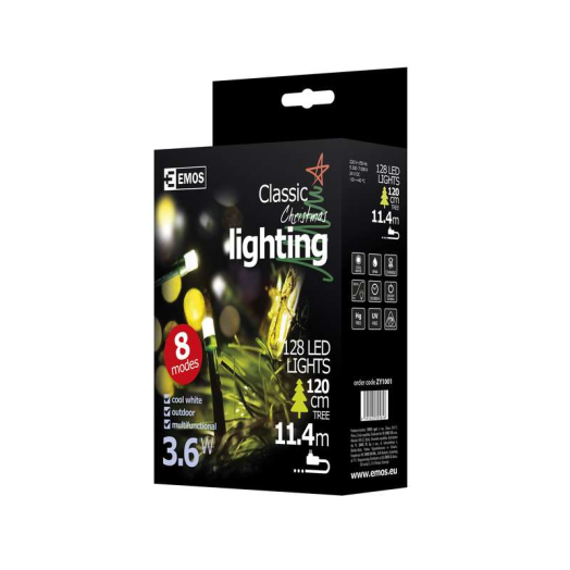 Emos karácsonyi fényfüzér 6.4m multif. 128led, ip44, fehér