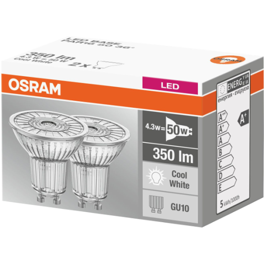 LED BASE FÉNYFORRÁS GU10 4,3W ÜVEG SPOT HIDEGFEHÉR 2DB