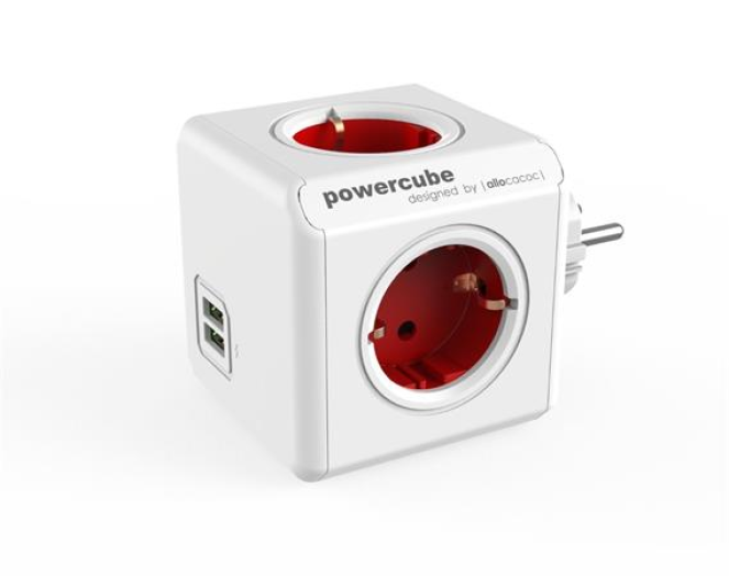 Elosztó 4aljzat 2USB ALLOCACOC PowerCube USB fehér-piros