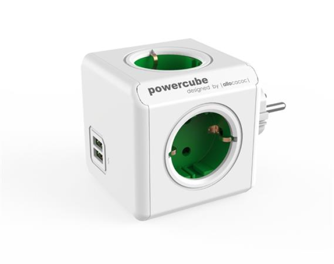 Elosztó 4aljzat 2USB ALLOCACOC PowerCube USB fehér-zöld