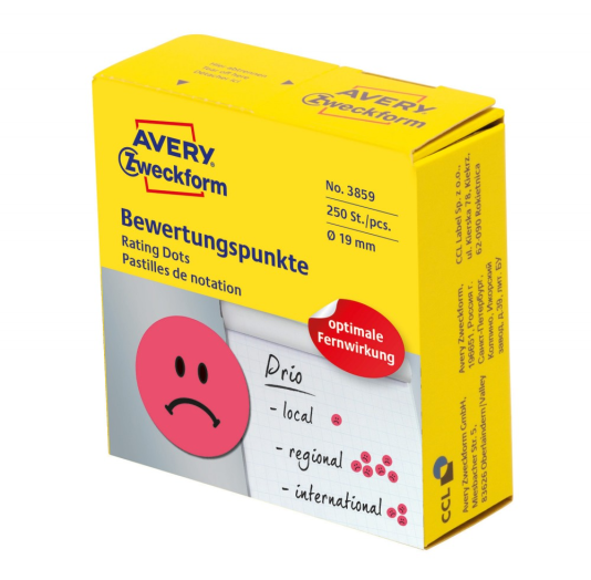 Avery 3859 önt. címke szomorú arc piros 19 mm 250 db