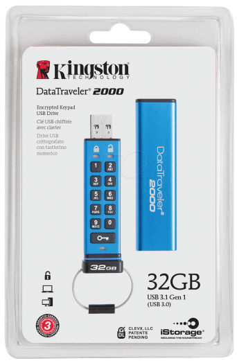 Kingston 32GB USB3.1 pendrive DT2000/32GB, kék titkosítható