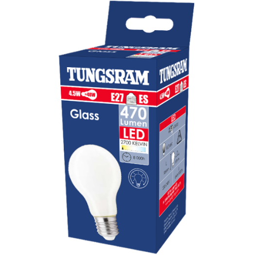 TUNGSRAM LED GLS A60 E27 4,5W 470LM ÜVEG BÚRÁS 2700K 360° 100LM/W