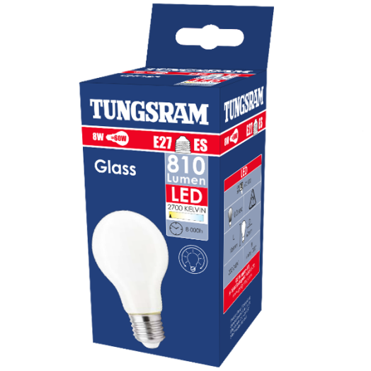 TUNGSRAM LED GLS 8W A60 E27 810LM 2700K ÜVEG BÚRÁS 360° 100LM/W