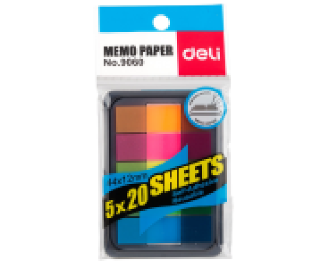 Deli oldaljelölő címke neon 44x12mm 5színx20lap tartóban
