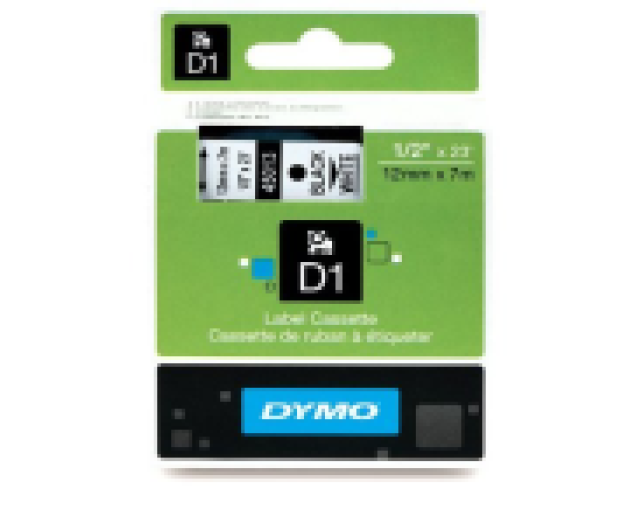 Dymo D1 12mm szalag, fehér/fekete