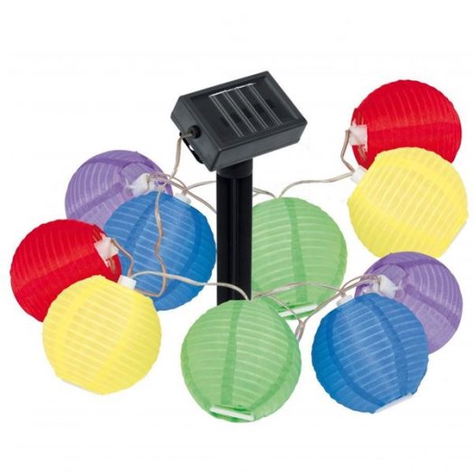 Napelemes LED lampionfüzér (10 színes lampion, 10 fehér LED)