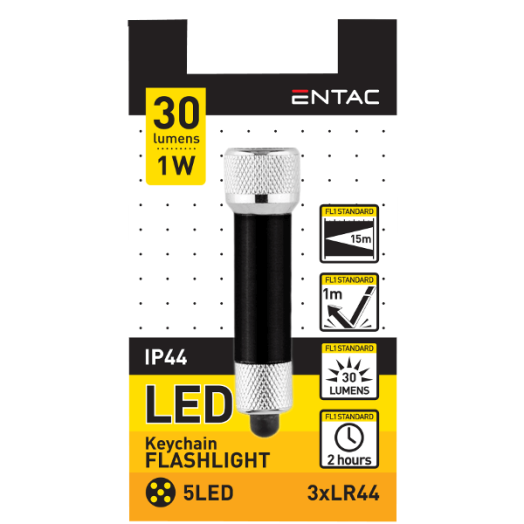 ENTAC KULCSTARTÓS LED LÁMPA FEKETE 30LM 1W 3×LR44 (TARTOZÉK)