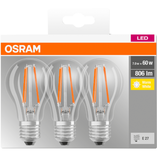 LED BASE FÉNYFORRÁS E27 7W 806LM 2700K KÖRTE FILAMENT 3DB/CSOMAG