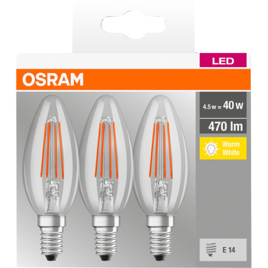 LED BASE FÉNYFORRÁS E14 4W 470LM 2700K GYERTYA FILAMENT 3DB/CSOMAG