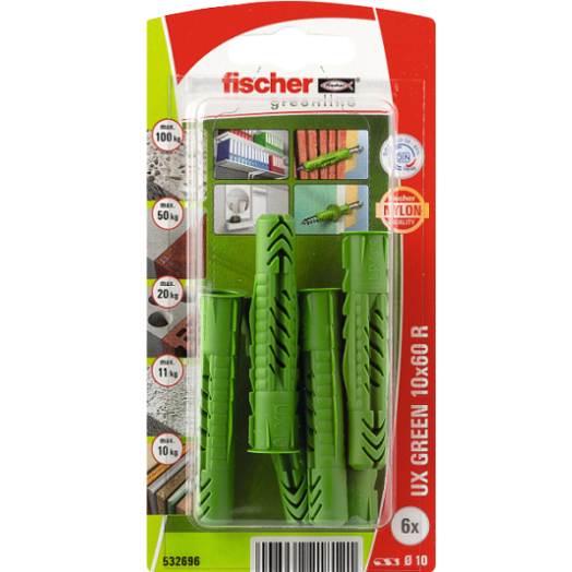 DŰBEL 10X60MM 6 DB &quot;UX GREEN&quot; FISCHER