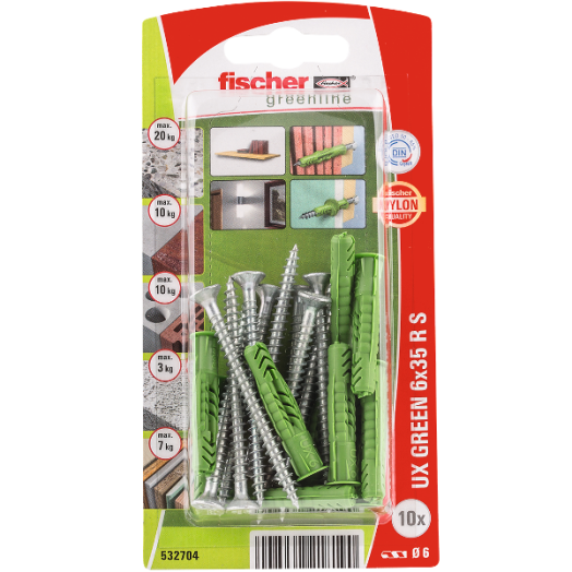 DŰBEL 6X35MM 10 DB CSAVARRAL &quot;UX GREEN&quot; FISCHER