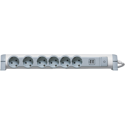MOES ELOSZTÓ 6-ES 1,5M FEHÉR/SZÜRKE 6X2P+E 2XUSB TÚLFESZLEVEZETŐVEL