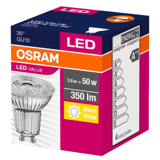 LED FÉNYFORRÁS VALUE SPOT GU10 50 350LM 3,6W MELEG 36° ÜVEG 10000H