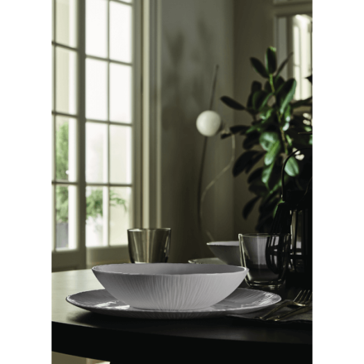 ÜVEG ÉTKÉSZLET 18 RÉSZES FEHÉR SZÍN KEREK FORMA,BORDÁZOTT SZÉLLEL