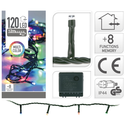 FÉNYFÜZÉR 120 LED-ES SZÍNES KÜLTÉRI 3M 8FUNKCIÓS VEZÉRLŐVEL