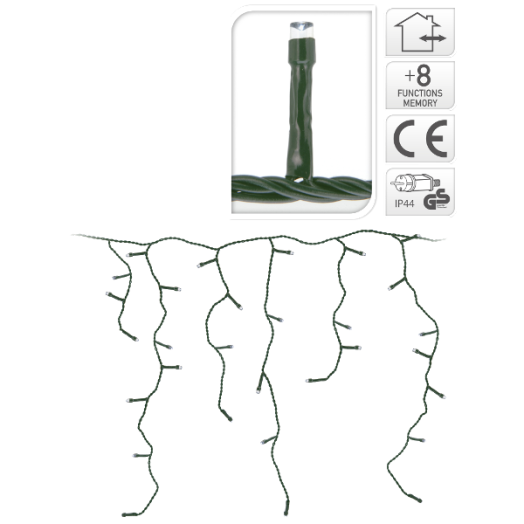 JÉGCSAPFÜZÉR 180 LED MELEG FEHÉR KÜL-ÉS BELTÉRI, 6M KÁBEL:3M,8FUNKC.