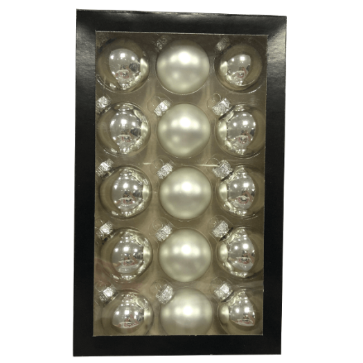 GÖMB SZETT 15DB-OS 4,5CM EZÜST ÜVEG,5DB MATT ÉS 10DB FÉNYES