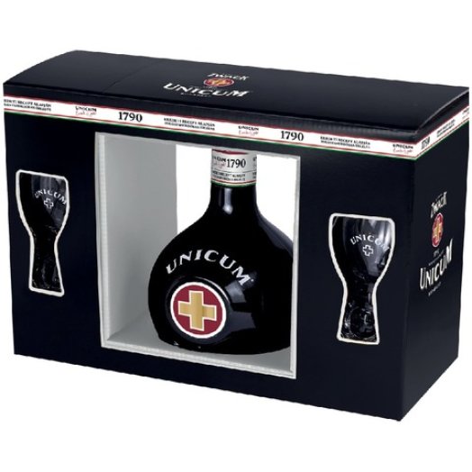 Zwack Unicum vagy Unicum Szilva keserűlikőr 2 db pohárral díszdobozban