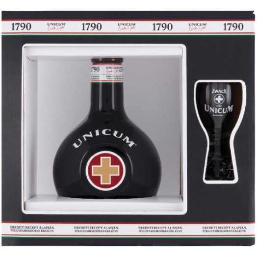 Zwack Unicum vagy Unicum Szilva keserűlikőr 1 db pohárral díszdobozban
