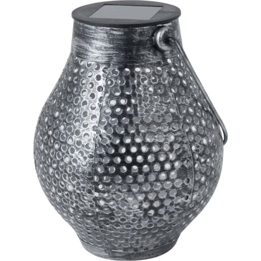 SZOLÁR DEKOR LÁMPÁS FÉM EZÜST SZÍNŰ ÁTTÖRT MINTÁS 11,5X11,5X16,5CM SÁRGA LED