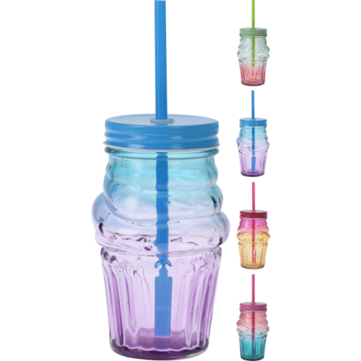 SZÍVÓSZÁLAS ÜVEGPOHÁR 475ML FAGYLALT ALAKÚ 4 SZÍNBEN