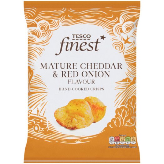 Tesco finest cheddar sajtos-hagymás chips