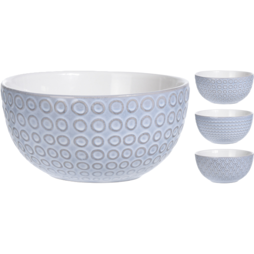 KERÁMIA TÁLKA SZÜRKE 600 ML, 14X6,8 CM DOMBORNYOMOTT, 3 FÉLE MINTA